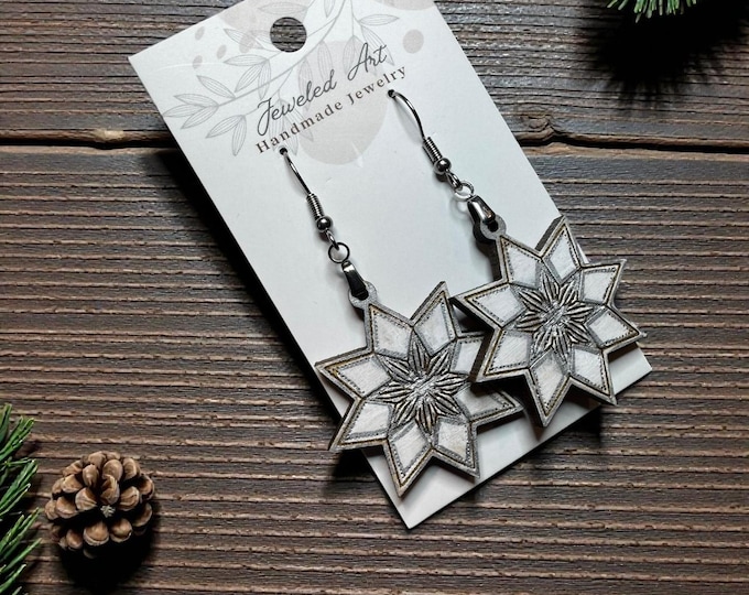 Hand-Painted Snowflake Star Engraved Wood Earrings