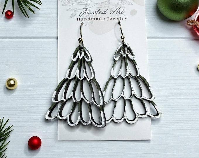 Hand-Painted Loopy Snowy Christmas Tree Wood Earrings