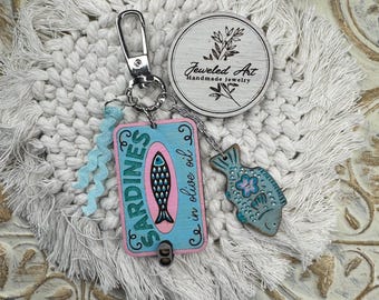 Sardines Purse Charm – Hand-Painted Wood Tassel Bag Accessory