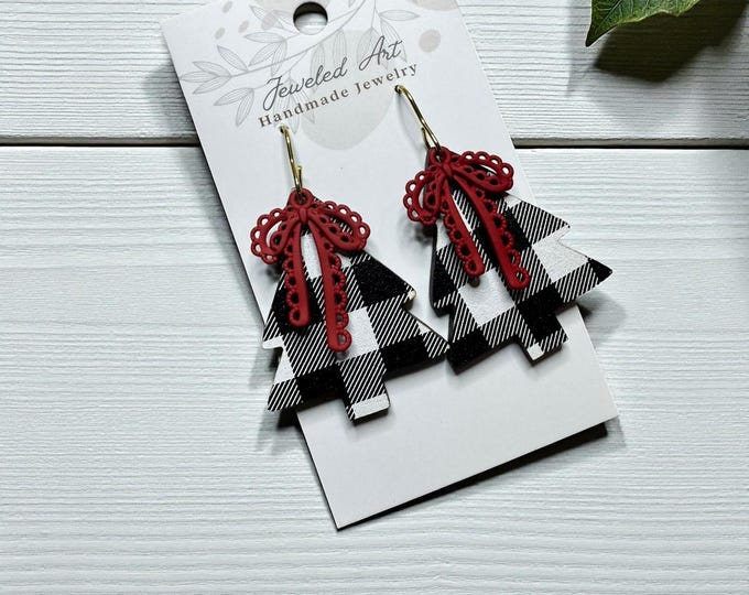 Hand Crafted Buffalo Plaid Christmas Tree Wood Earrings with Red Bows