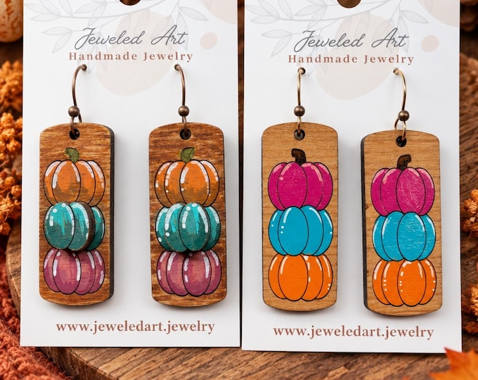 Hand-Painted Autumn Harvest Stacked Pumpkin Wood Engraved Earrings - 2 Styles