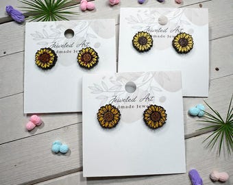 Hand-Painted Sunflower Wood Engraved Stud Earrings - Handmade