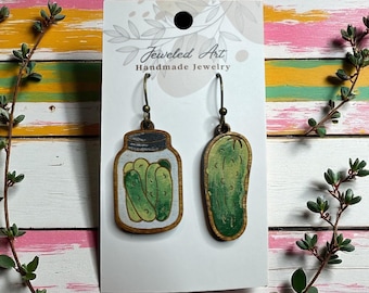Hand-Painted Mismatched Pickle & Pickle Jar Wood Earrings