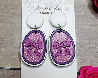 Hand-Painted Pink Bow Engraved Wood Earrings - Valentine's Day