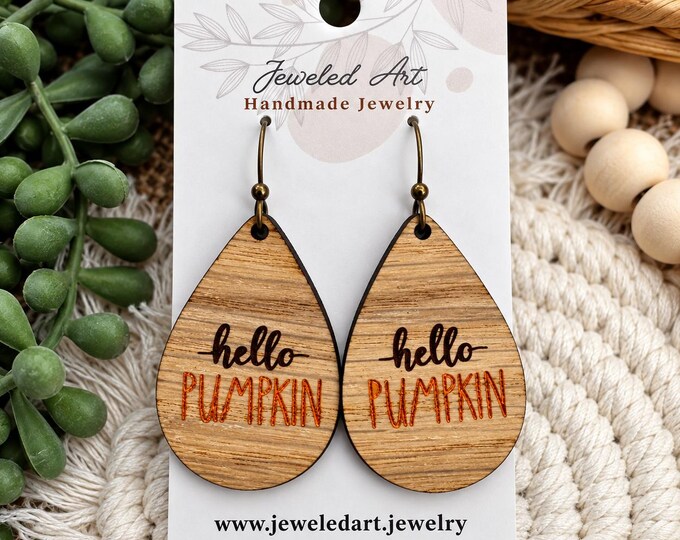Hello Pumpkin Whitewashed Wood Teardrop Earrings – Fall Earrings
