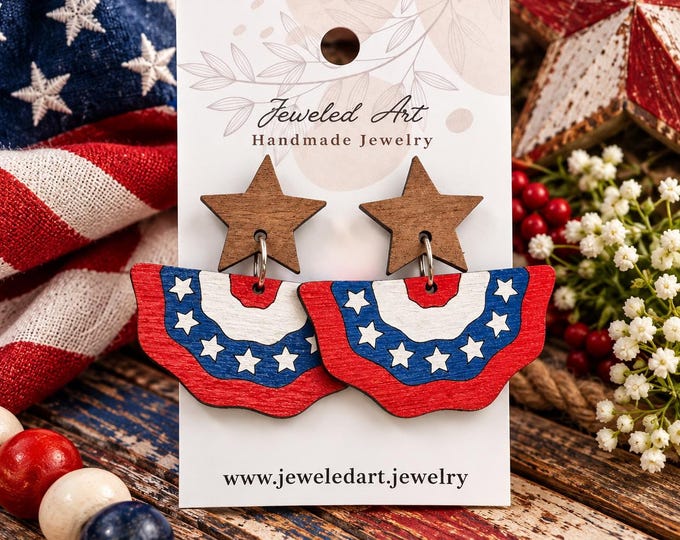 Patriotic Star & Bunting Wood Earrings – Red White and Blue Americana Earrings