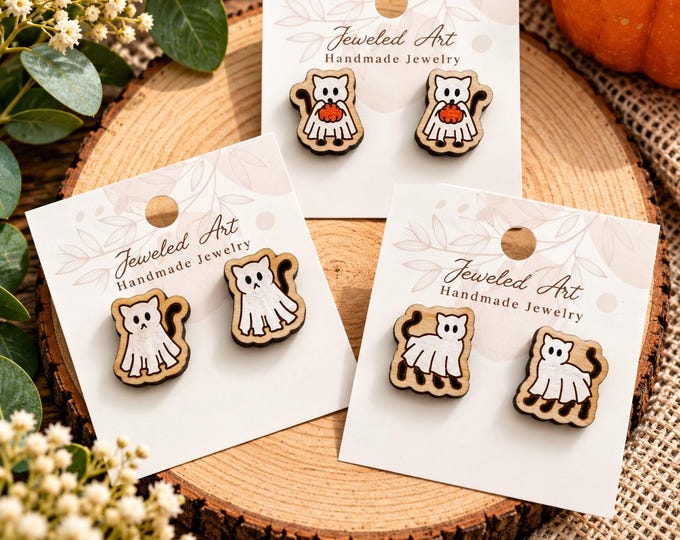 Hand-Painted Cat Ghost Wood Stud Earrings - 4 Styles
