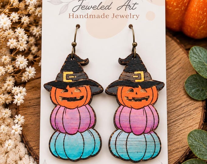Colorful Stacked Pumpkin Witch Hat Wood Earrings – Halloween Earrings