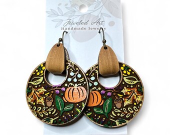 Hand-Painted Autumn Harvest Circle Wood Engraved Dangle Earrings – Jeweled Art Handmade