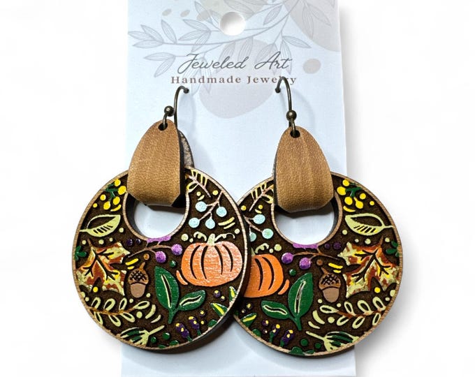 Hand-Painted Autumn Harvest Circle Wood Engraved Dangle Earrings – Jeweled Art Handmade