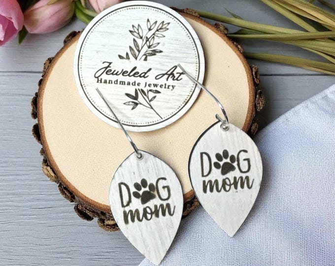 Hand-Painted Dog Mom Engraved Wood Earrings - White Washed