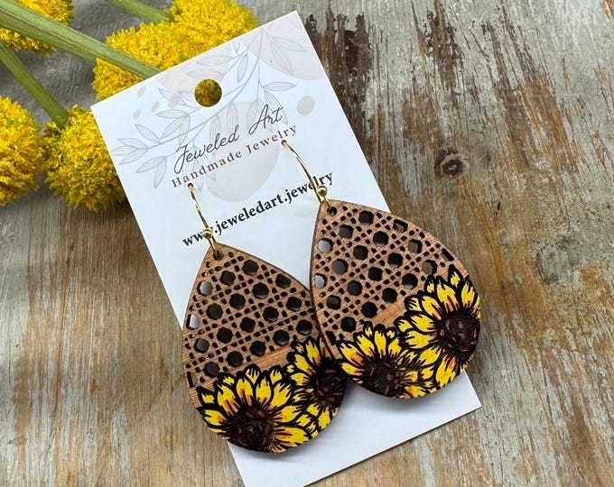 Sunflower Teardrop Wood Earrings – Rustic Farmhouse Floral