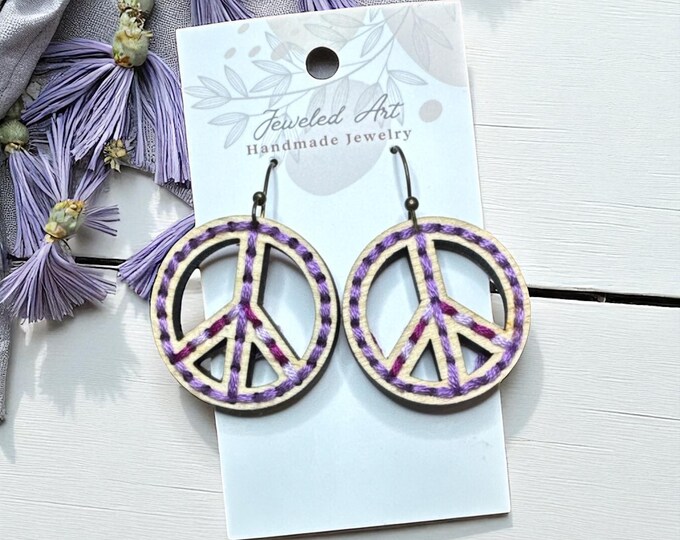 Hand-Embroidered Purple Peace Sign Wood Earrings