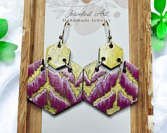 Geometric Hand-Painted Wood Earrings – Ikat Gold and Pink Hexagon Dangles