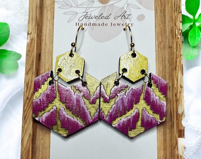 Geometric Hand-Painted Wood Earrings – Ikat Gold and Pink Hexagon Dangles