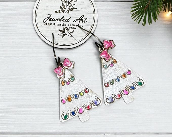 Hand-Painted Pink Pastel Christmas Trees Engraved Wood Earrings