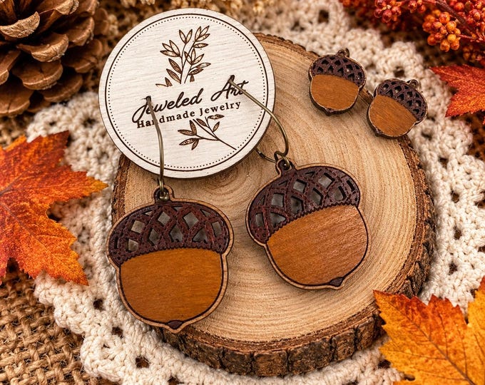 Hand-Painted  Engraved wooden Acorn Earrings – Fall Acorn Studs & Statement Dangles – Jeweled Art Handmade