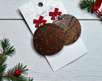 Hand-Painted Holly Berry Round Wooden Earrings – Jeweled Art Handmade