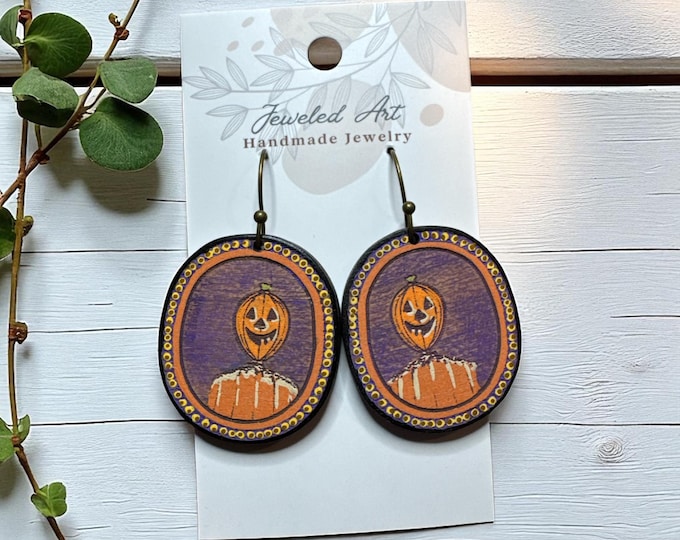 Hand-Painted Pumpkin Face Wood Engraved Earrings – Jeweled Art Handmade