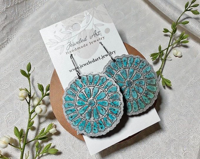 Hand-Painted Southwestern Turquoise Mandala Engraved Wood Earrings