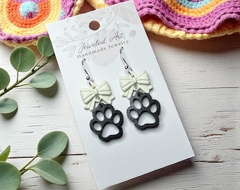Hand-Painted Paw Print Wood Earrings with White Bow