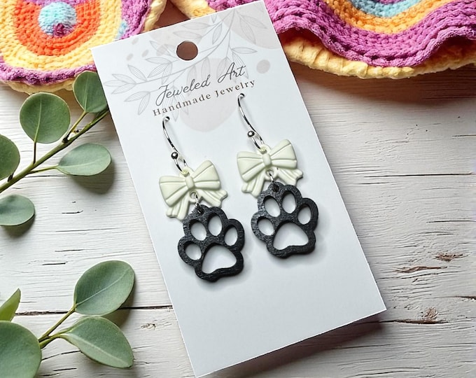 Hand-Painted Paw Print Wood Earrings with White Bow