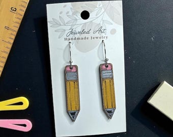 Hand-Painted Pencil Wood Engraved Earrings – Back to School