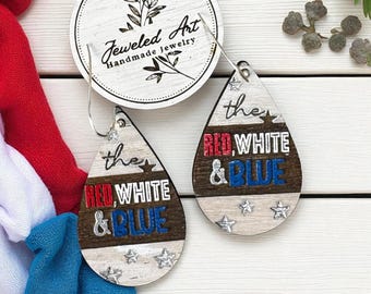 Hand-Painted Red, White, and Blue Lettering Silver Stars Wood Earrings – Americana