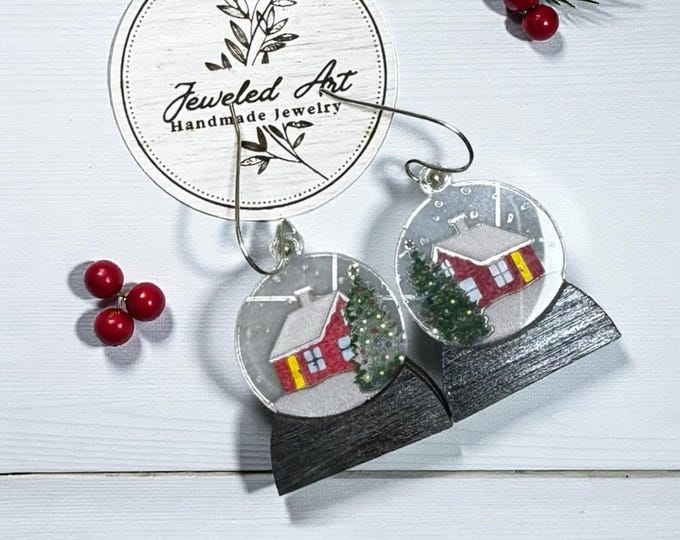 Hand-Painted Snow Globe Cabin Acrylic and Wood Earrings