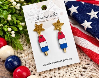 Hand-Painted Patriotic Popsicle & Star Earrings - Star Stud Connector