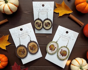 Hand-Painted Autumn Charm Turkey  Wooden Earrings – Jeweled Art Handmade