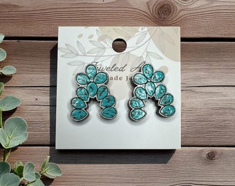 Hand-Painted Turquoise Cactus Bloom Wood Stud Earrings - Desert Bloom