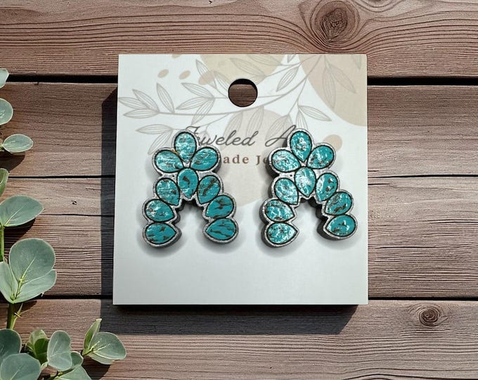 Hand-Painted Turquoise Cactus Bloom Wood Stud Earrings - Desert Bloom
