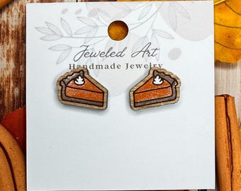 Hand-Painted Pumpkin Pie Slice Wood Engraved Stud Earrings