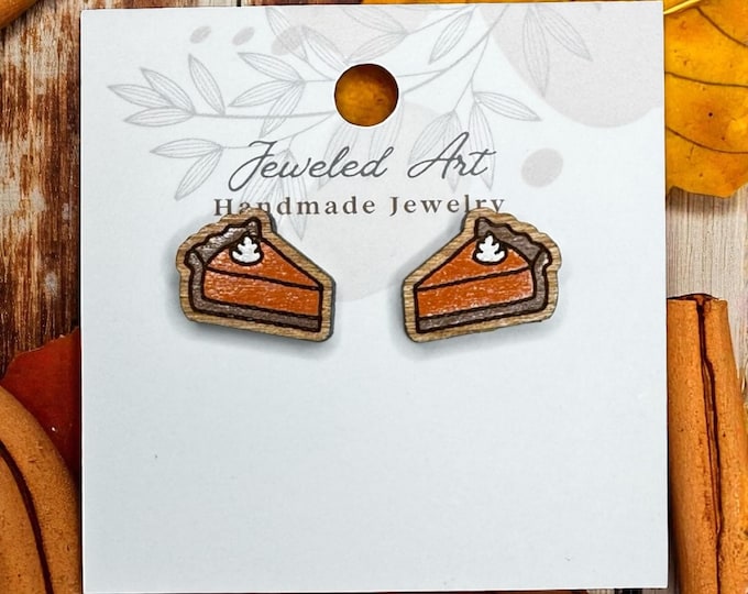 Hand-Painted Pumpkin Pie Slice Wood Engraved Stud Earrings