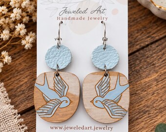 Hand-Painted Tranquil Flight Engraved Wood Earrings