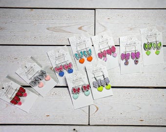 Hand-Painted Bow & Heart Drop Wood Engraved Earrings - Resin Hearts - 5 Styles