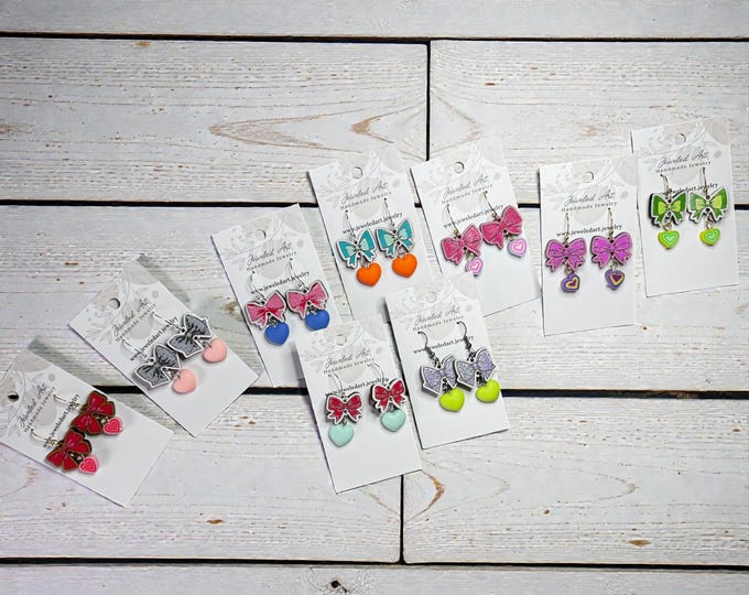 Hand-Painted Bow & Heart Drop Wood Engraved Earrings - Resin Hearts - 5 Styles