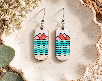 Wood Mountain Earrings, Colorful Nature Landscape Dangle Earrings