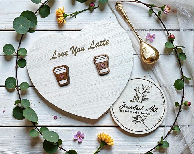 Hand-Painted Coffee Cup Stud Earrings – Love you Latte Earring Card Wood Engraved