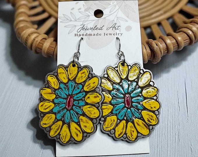 Hand-Painted Western Bloom Yellow Wood Earring - Desert Bloom