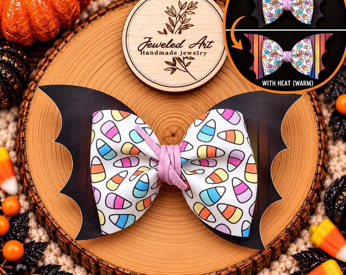 Color Changing Candy Corn Bat Hair Bow – Halloween Faux Leather Bow