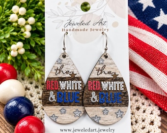 Hand-Painted Red, White, and Blue Lettering Silver Stars Wood Earrings