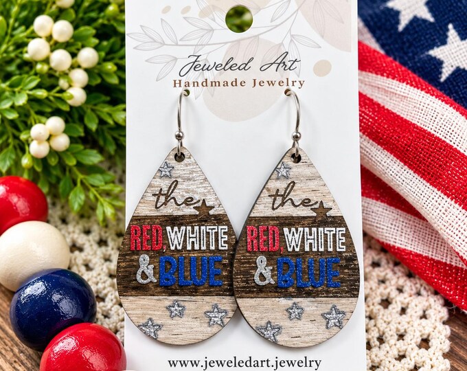 Hand-Painted Red, White, and Blue Lettering Silver Stars Wood Earrings