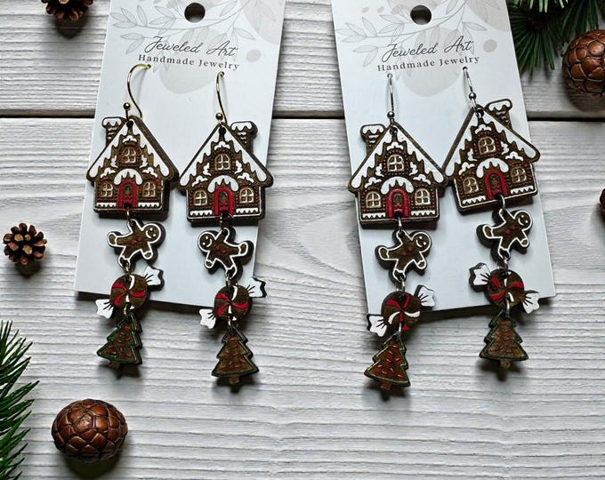 Hand-Painted Gingerbread Cottage Dangle Wooden Earrings – Jeweled Art Handmade