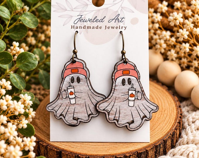 Hand-Painted Boho Ghost with Coffee Wood Earrings – Jeweled Art Handmade