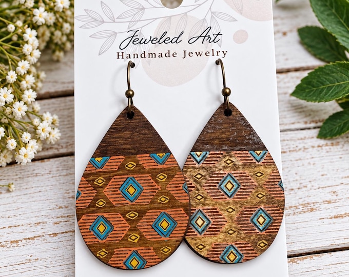 Hand-Painted Geometric Diamond Pattern Wood Earrings