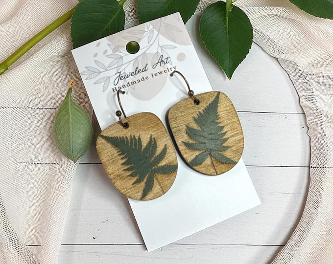 Hand-Painted Fern Silhouette Wooden Earrings