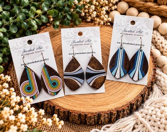 Hand-Painted Wood Teardrop Earrings – Retro Rainbow, Geometric, Stripes (3 Styles)