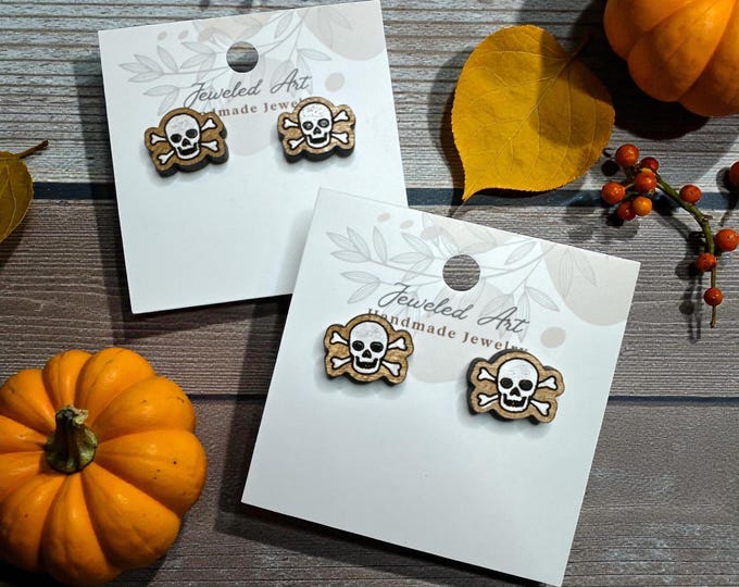 Hand-Painted Skull & Crossbones Wooden Stud Earrings – Jeweled Art Handmade
